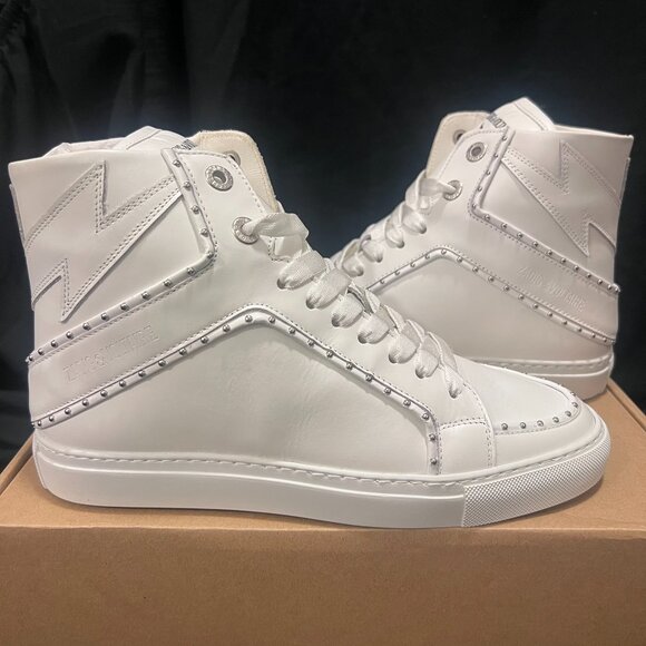 NWT ZADIG AND VOLTAIRE ZV1747 HIGH FLASH STUDDED SNEAKERS IN WHITE SZ 40 - Picture 5 of 14